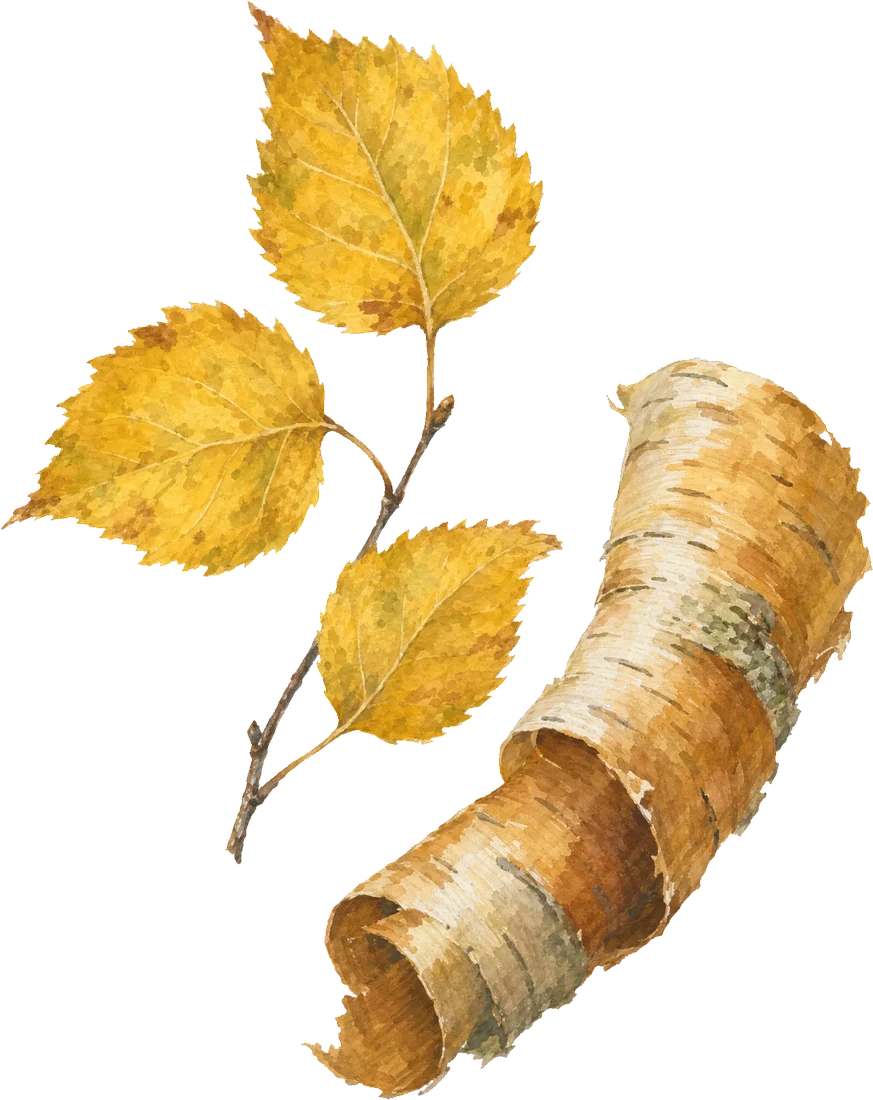Painted twig of yellow birch with golden leaves and a curl of bronze bark